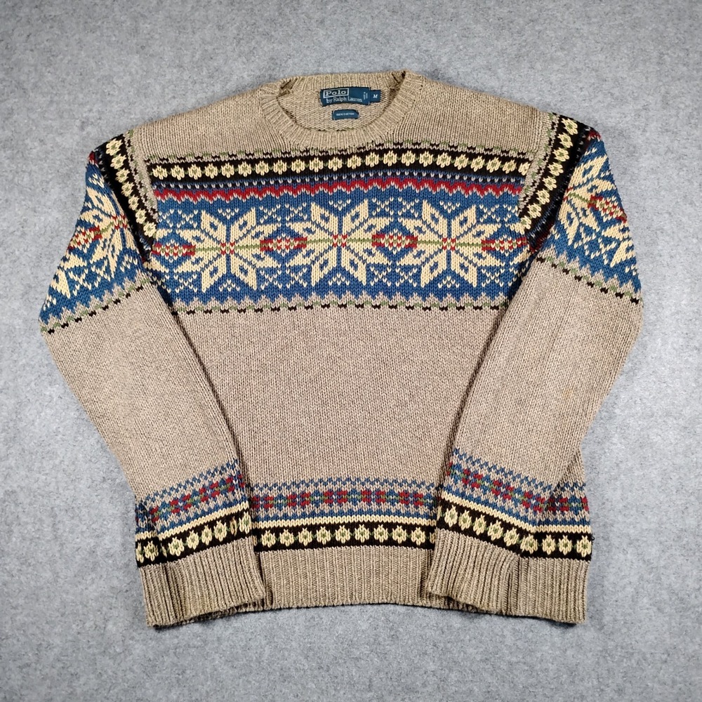 Vintage Polo Ralph Lauren Men Tan Cotton Fair Isle Snowflake Crew Neck Sweater M